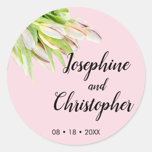 Gepersonaliseerde roze Tulp Artistieke Zomdag Wedd Ronde Sticker (Voorkant)