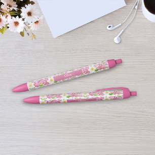 Gepersonaliseerde Roze Tulpen & Narcissen Bloemenp Zwarte Inkt Pen