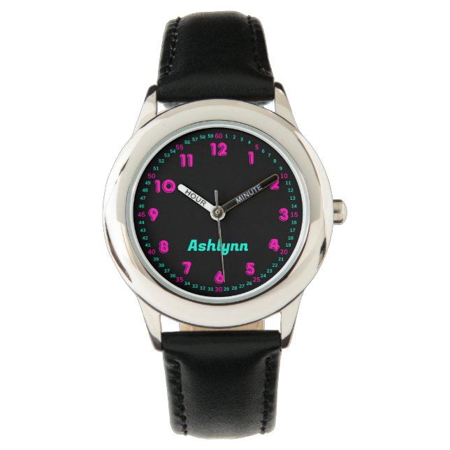 Gepersonaliseerde Roze & Turquoise Tijd Leer Kinde Horloge (Voorkant)