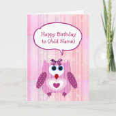 Gepersonaliseerde Roze Uil Happy Birthday Kaart (Voorkant)