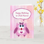 Gepersonaliseerde Roze Uil Happy Birthday Kaart (Gele Bloem)