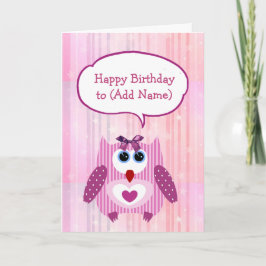 Gepersonaliseerde Roze Uil Happy Birthday Kaart