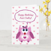 Gepersonaliseerde Roze Uil Happy Birthday Kaart vo (Gele Bloem)