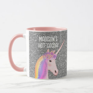 Gepersonaliseerde roze unicorn pasta Glitter Regen Mok