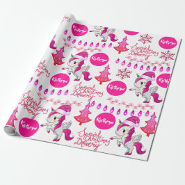 Gepersonaliseerde roze Unicorns Kerstmis Cadeaupapier