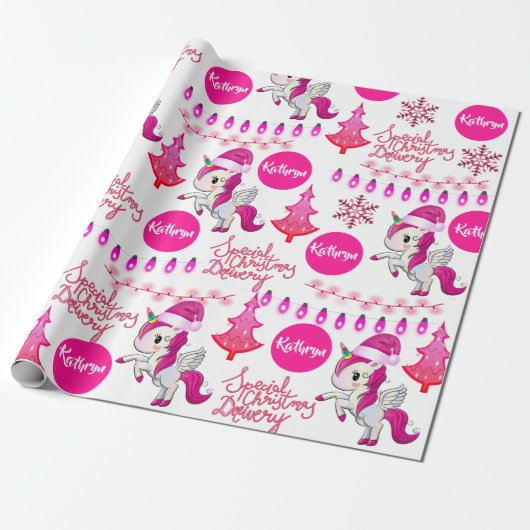 Gepersonaliseerde roze Unicorns Kerstmis Cadeaupapier (Uitgerold)