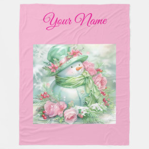 Gepersonaliseerde Roze Vintage Kerstman Sneeuwman Fleece Deken