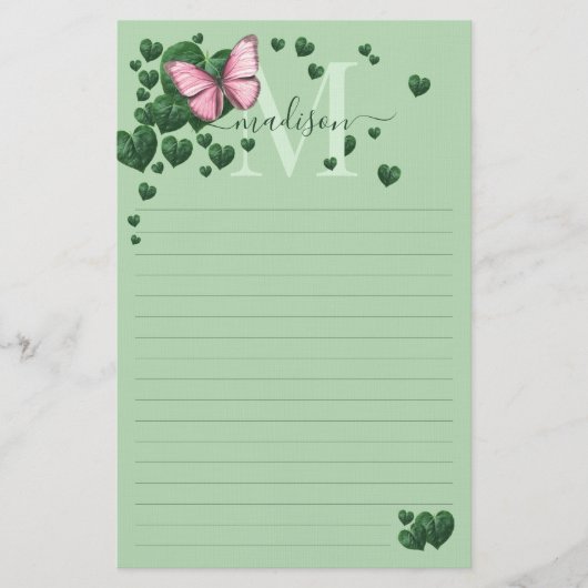 Gepersonaliseerde Roze Vlinder met Hartblaadjes Briefpapier (Voorkant)