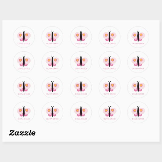 Gepersonaliseerde roze vlindermeisjes ronde sticker (Vel)