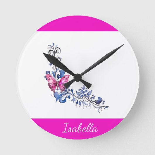 Gepersonaliseerde  Roze Vlinderwandklok Ronde Klok (Voorkant)