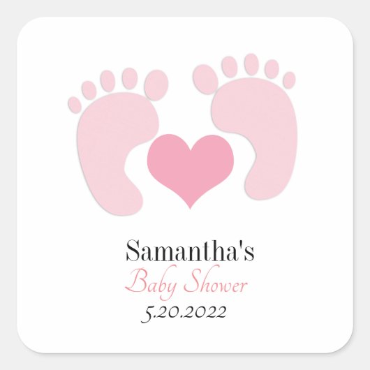 Gepersonaliseerde roze voetafdrukken hart Baby sho Vierkante Sticker (Voorkant)