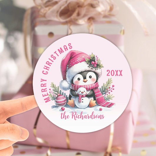 Gepersonaliseerde roze vrolijke kerst Schattigee p Ronde Sticker