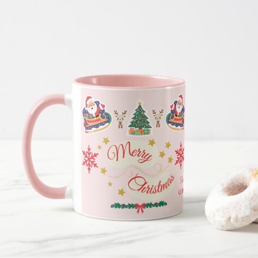 Gepersonaliseerde Roze Vrolijke Kerstman Sleigh Mok (Met donut)