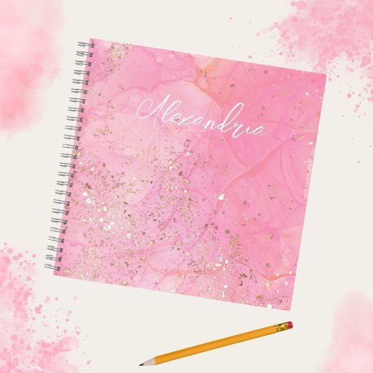 Gepersonaliseerde Roze Waterverf Glitter Moderne Notitieboek