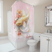 Gepersonaliseerde Roze Waterverf Goud Koi Vis Bloe Douchegordijn (In situ)