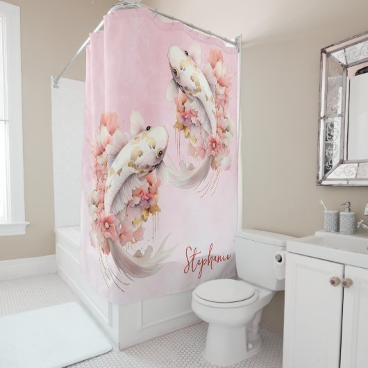 Gepersonaliseerde Roze Waterverf Goud Koi Vis Bloe Douchegordijn (In situ)