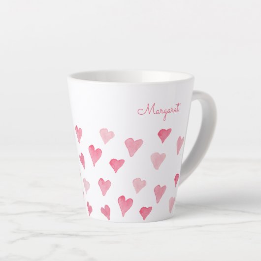Gepersonaliseerde roze Waterverf harten Valentijns Latte Mok (Rechterhoek)