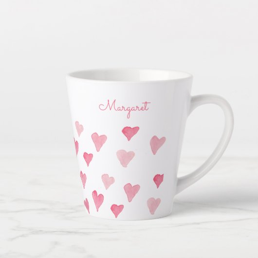 Gepersonaliseerde roze Waterverf harten Valentijns Latte Mok (Rechts)