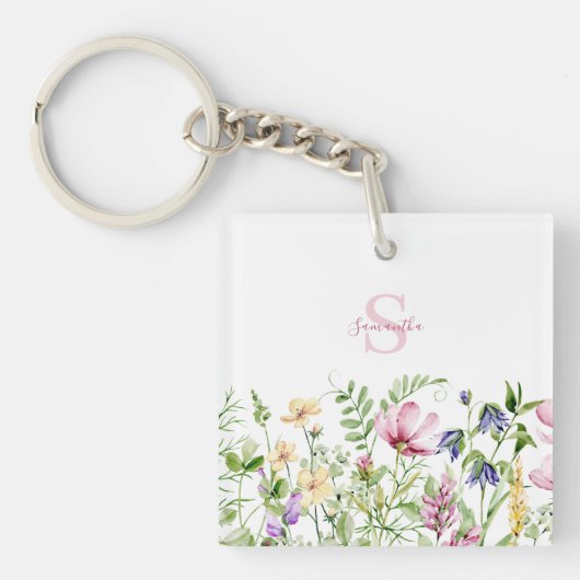 Gepersonaliseerde roze wilde bloem sleutelhanger (Voorkant)