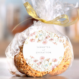 Gepersonaliseerde roze Wildflower Waterverf bruilo Ronde Sticker