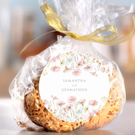 Gepersonaliseerde roze Wildflower Waterverf bruilo Ronde Sticker