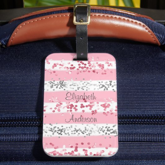Gepersonaliseerde Roze Wit Grijs Zilver Glitter Bagagelabel (Voorkant Insitu 2)