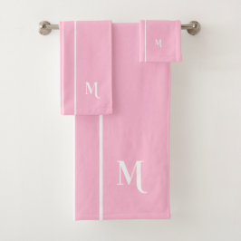 Gepersonaliseerde Roze Wit Monogrammed Racing Stri Bad Handdoek