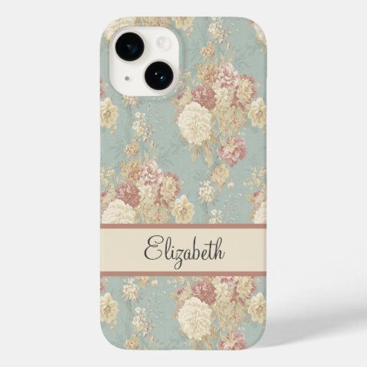 Gepersonaliseerde roze witte blosrozen op blauw Case-Mate iPhone case (Achterkant)