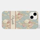 Gepersonaliseerde roze witte blosrozen op blauw Case-Mate iPhone case (Achterkant (horizontaal))