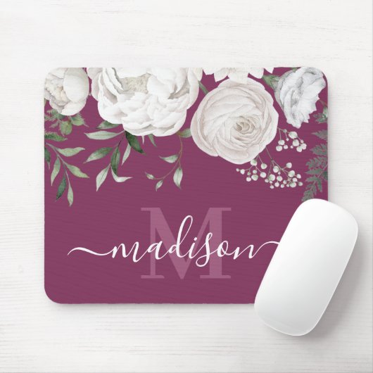 Gepersonaliseerde roze witte Floral naam Monogram Muismat (Met muis)