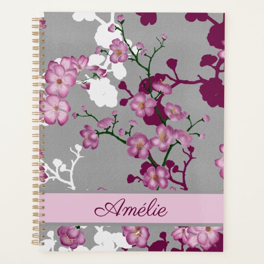 Gepersonaliseerde roze witte kersenbloesems planner (Voorkant)