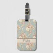 Gepersonaliseerde Roze Witte Rozen op Blauw Bagagelabel (Voorkant (verticaal))