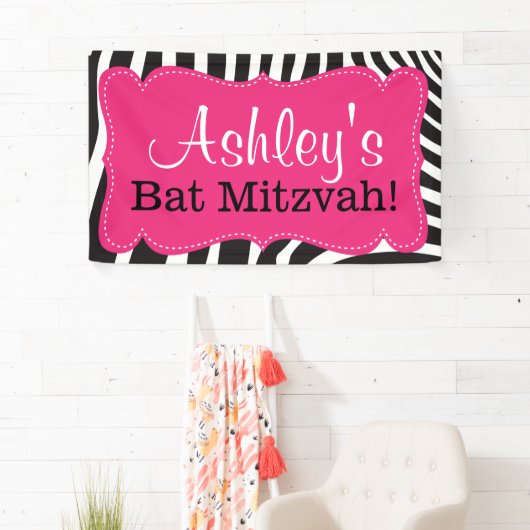 Gepersonaliseerde Roze Zebra Print Bat Mitswa Bann Spandoek (Insitu)