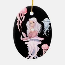 Gepersonaliseerde roze zeemeermin en kwallen kerst keramisch ornament