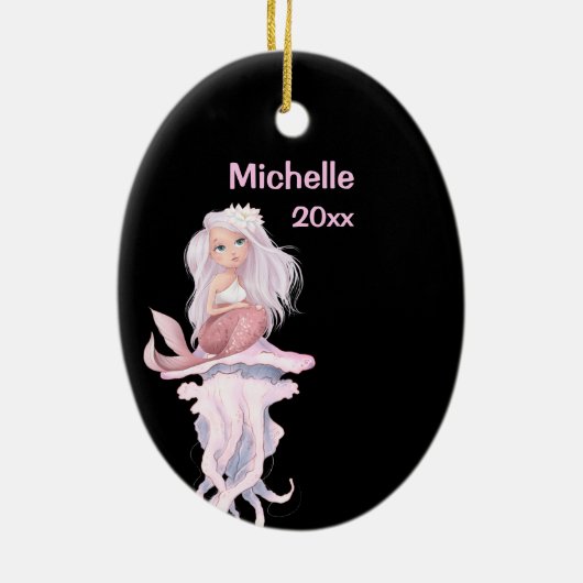 Gepersonaliseerde roze zeemeermin en kwallen kerst keramisch ornament (Achterkant)