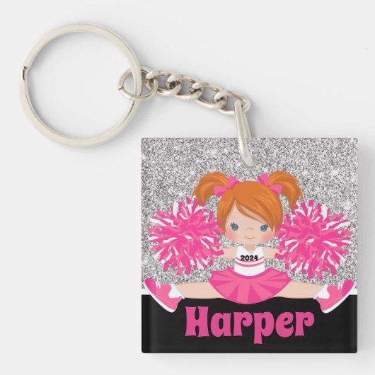 Gepersonaliseerde Roze & Zilveren Cheerleading Sle Sleutelhanger (Voorkant)