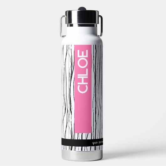 Gepersonaliseerde Roze & Zwart Moderne Naam Waterfles (Voorkant)