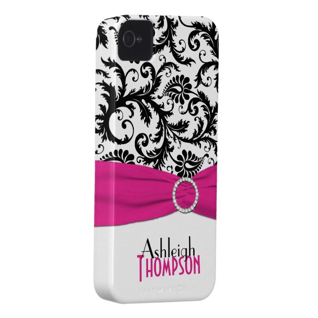 Gepersonaliseerde roze, zwart, witte Floral Damask Case-Mate iPhone Case (Back/Rechts)