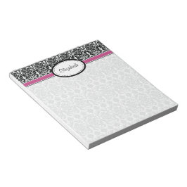 Gepersonaliseerde roze, zwart, witte Floral Damask Notitieblok