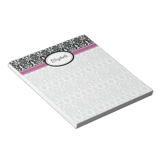 Gepersonaliseerde roze, zwart, witte Floral Damask Notitieblok (Schuin)