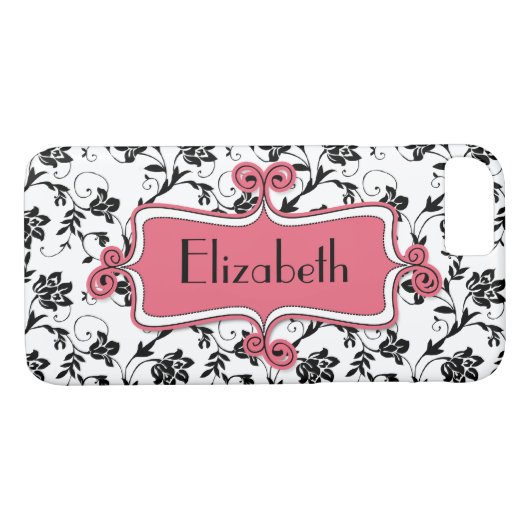 Gepersonaliseerde roze zwarte damast Case-Mate iPhone case (Achterkant (Horizontaal))