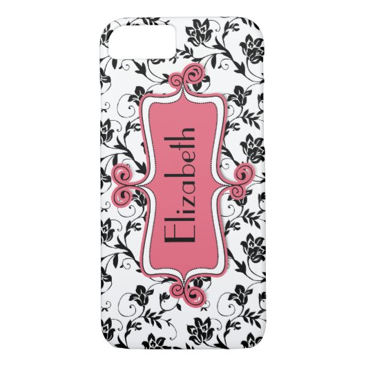 Gepersonaliseerde roze zwarte damast Case-Mate iPhone case (Achterkant)
