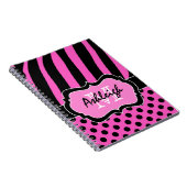 Gepersonaliseerde roze zwarte witte striped pooldo notitieboek (Rechterzijde)