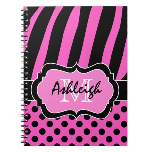 Gepersonaliseerde roze zwarte witte striped pooldo notitieboek (Voorkant)