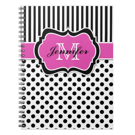 Gepersonaliseerde roze zwarte witte striped pooldo notitieboek (Voorkant)