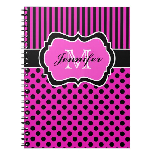 Gepersonaliseerde roze zwarte witte striped pooldo notitieboek (Voorkant)
