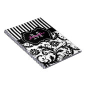 Gepersonaliseerde roze zwarte witte stripte Damask Notitieboek (Rechterzijde)