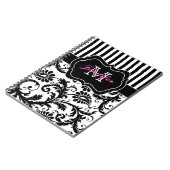 Gepersonaliseerde roze zwarte witte stripte Damask Notitieboek (Linkerzijde)