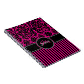 Gepersonaliseerde roze zwarte witte stripte Damask Notitieboek (Rechterzijde)