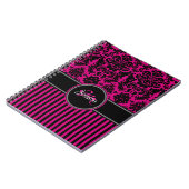 Gepersonaliseerde roze zwarte witte stripte Damask Notitieboek (Linkerzijde)